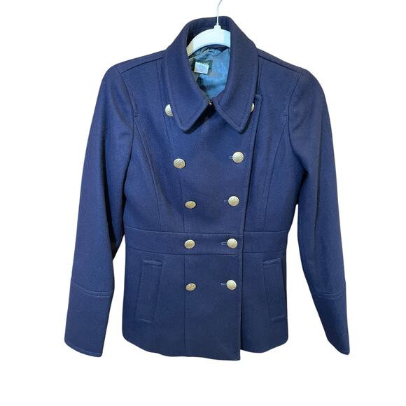 J. Crew Women 0 Navy Blue Preppy Large Gold Button Wool Pea Coat Classic Vintage - Picture 1 of 11